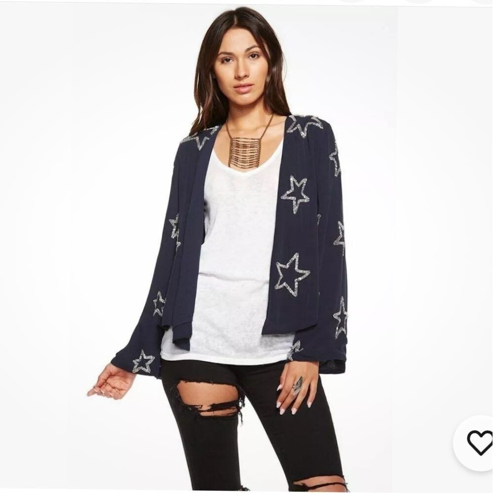 NWT Chaser Beaded Stars Open Front Navy Blue Jacket Size XS